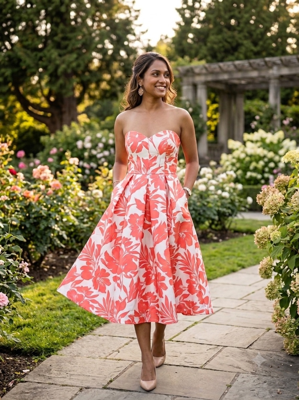 le chateau Strapless Coral and White Floral Midi Dress